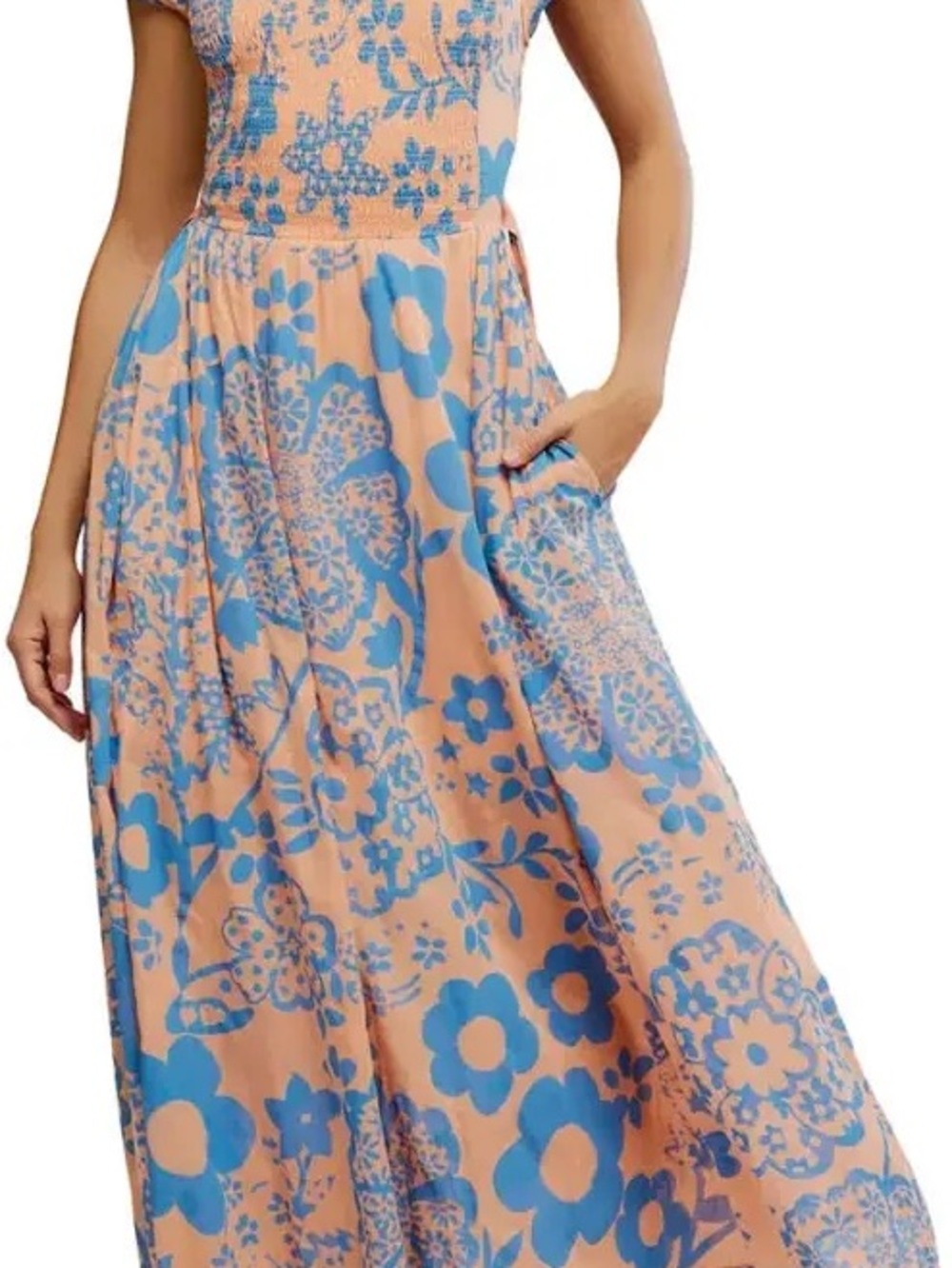 NWOT Free People Ultraviolet Smocked Cutout Maxi
Dress - Pale Pink/Blue (Size L)